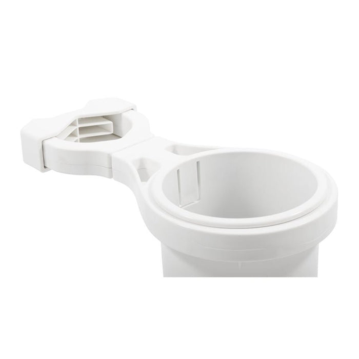 Camco Clamp-On Rail Mounted Cup Holder - Large for Up to 2" Rail - White - Sportsplace.store