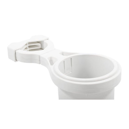 Camco Clamp-On Rail Mounted Cup Holder - Small for Up to 1-1/4" Rail - White - Sportsplace.store